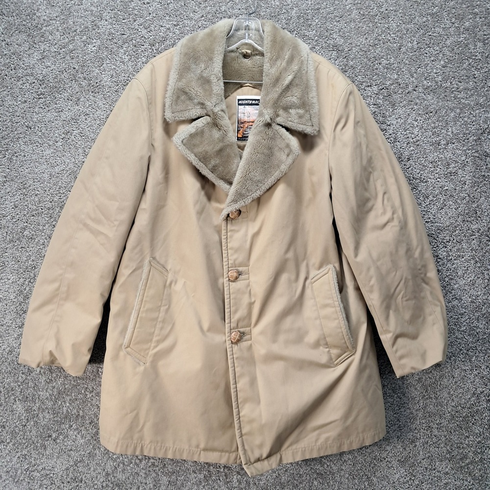 Mighty-Mac Vintage Mens Tan Faux Fur Lined Car Coat Made in USA Size 42-44 L
